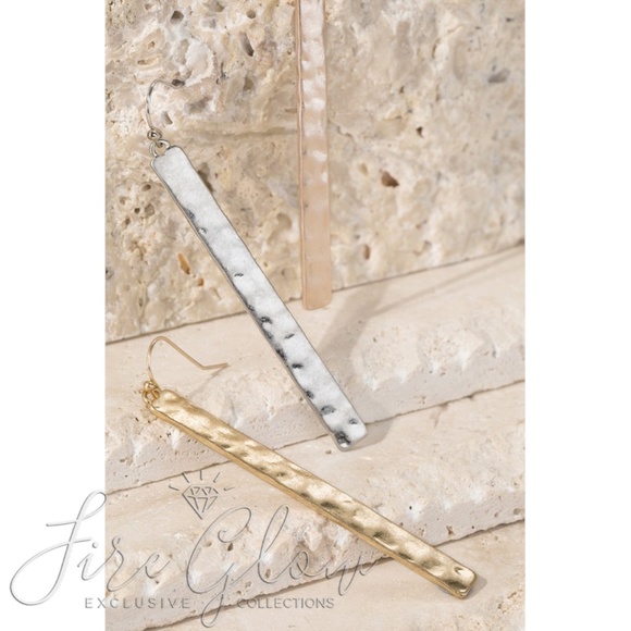 Gold Tone Long Bar Hammered Metal Hook Earrings - Picture 3 of 8